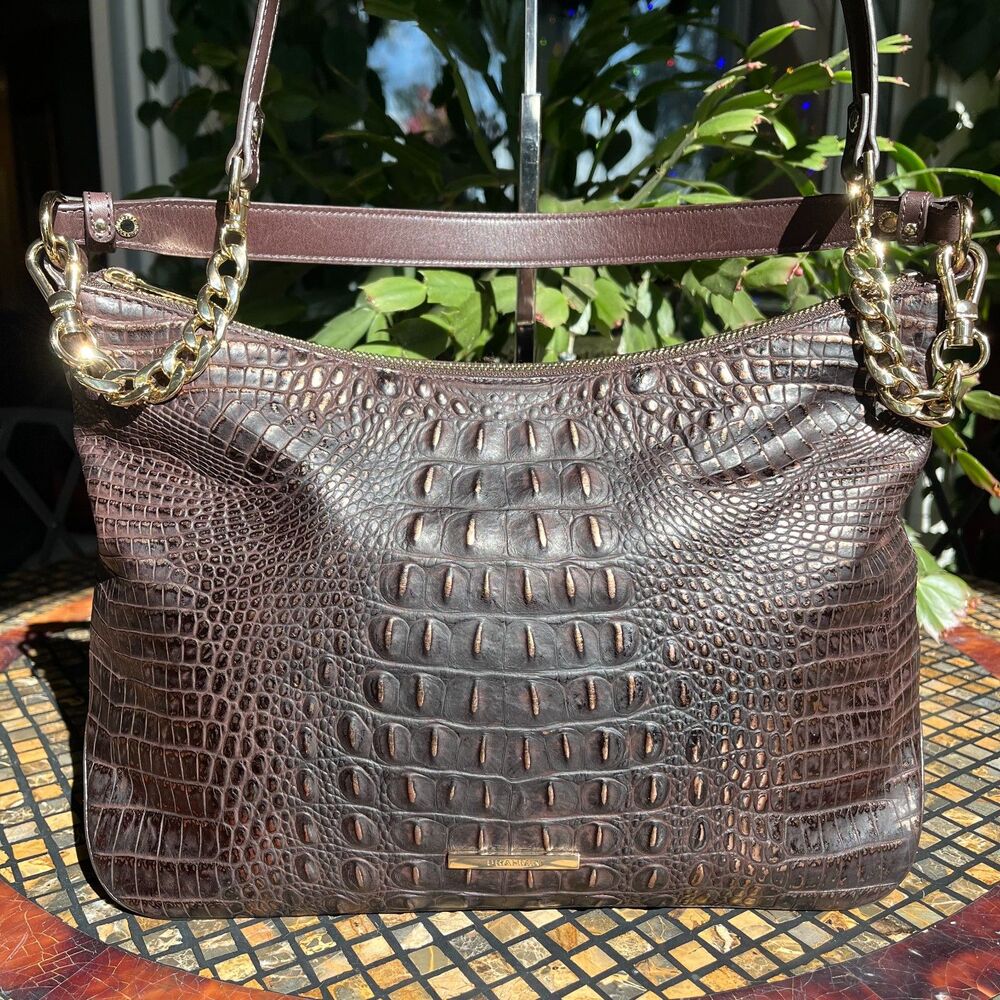 Brahmin Heather Cocoa Folly Leather Melbourne Croc Embossed Shoulder Bag EUC